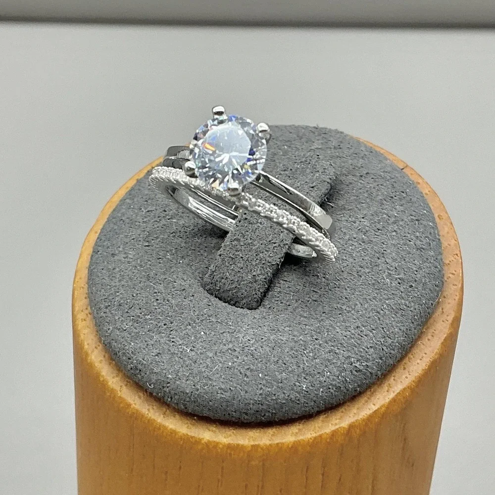 Ring Size 6.25 Silver Tone Clear Round Solitaire 2 Band Bridal Cocktail Womens